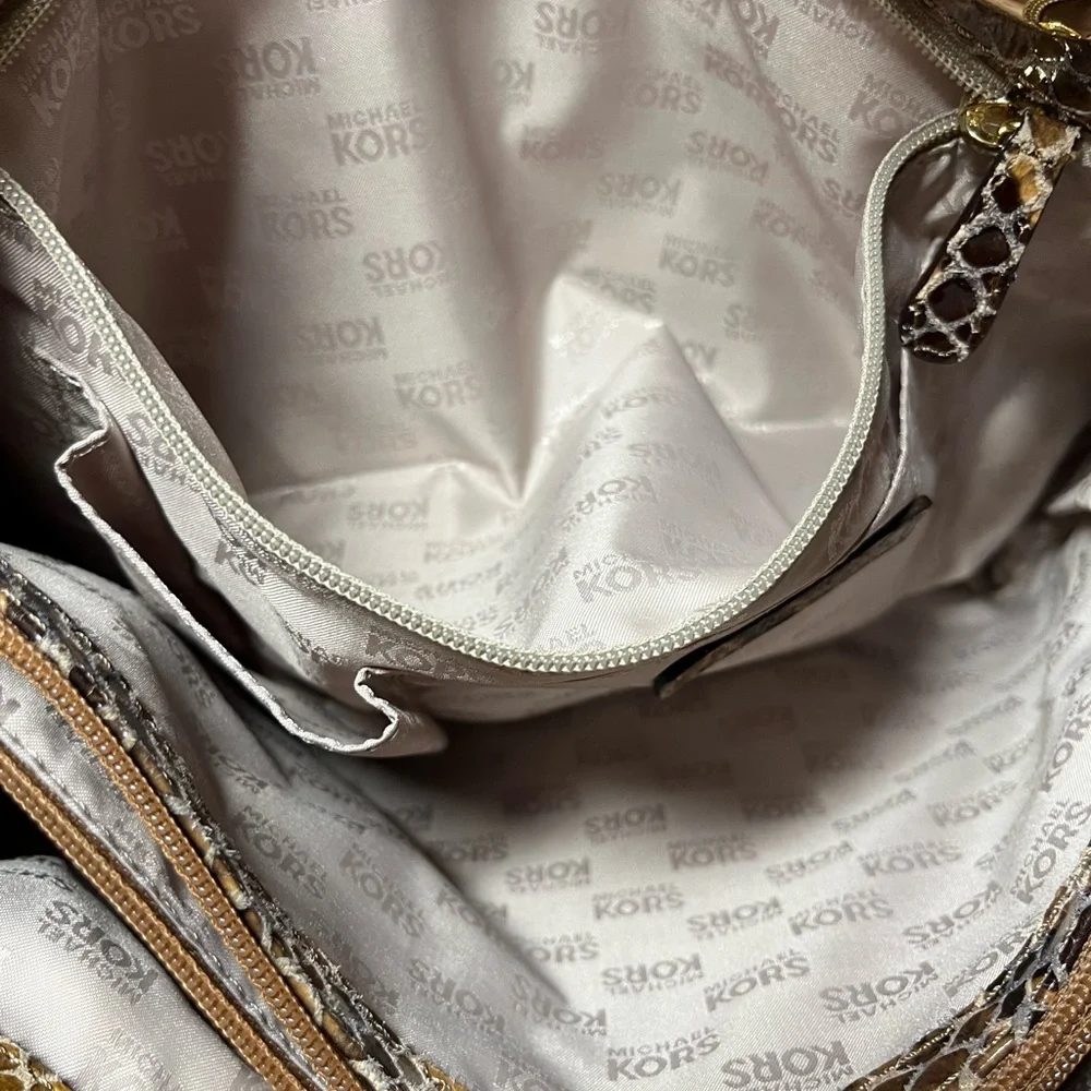 Michael Kors - Python Embossed Leather Shoulder Bag - Gray/Tan